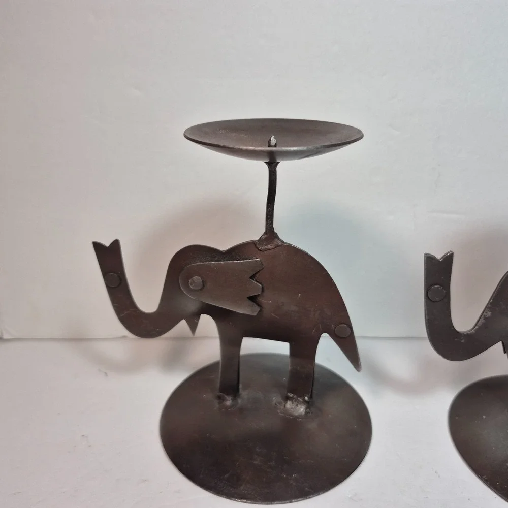 Lot of 2 Vintage Pier 1 Rustic Metal Elephant Candle Holders 5.5